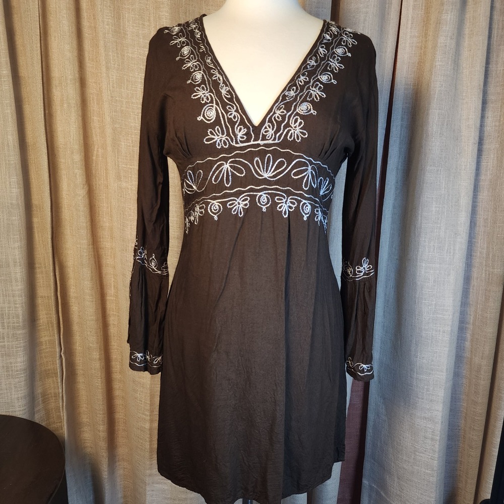 Cejon Womens Size M Brown 100% Viscose Embroidered V-Neck Bell Sleeve Mini Dress